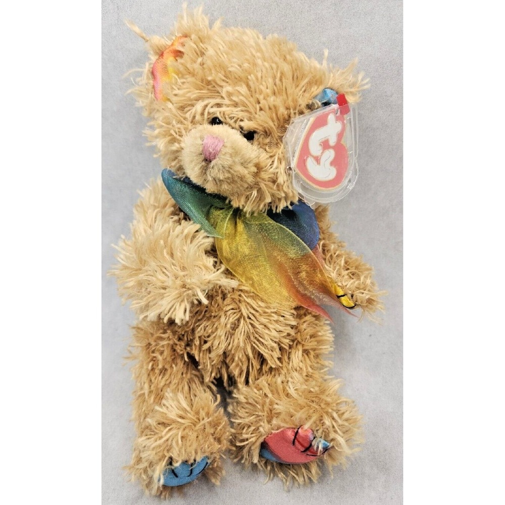 2001 Ty Attic Treasure Carmichael Bear Retired Brown Plush Rainbow Bow BB22